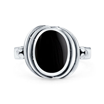 Oval Petite Dainty Simulated Black Onyx Ring Solid Oxidized 925 Sterling Silver
